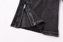 ZHANLAI DISTRESSED CARGO FLARED JEANS; Black; garment construction detail