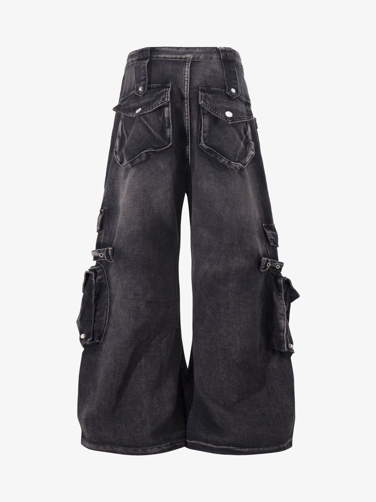 ZHANLAI DISTRESSED CARGO FLARED JEANS; Black; back view