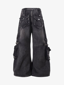 ZHANLAI DISTRESSED CARGO FLARED JEANS; Black; back view