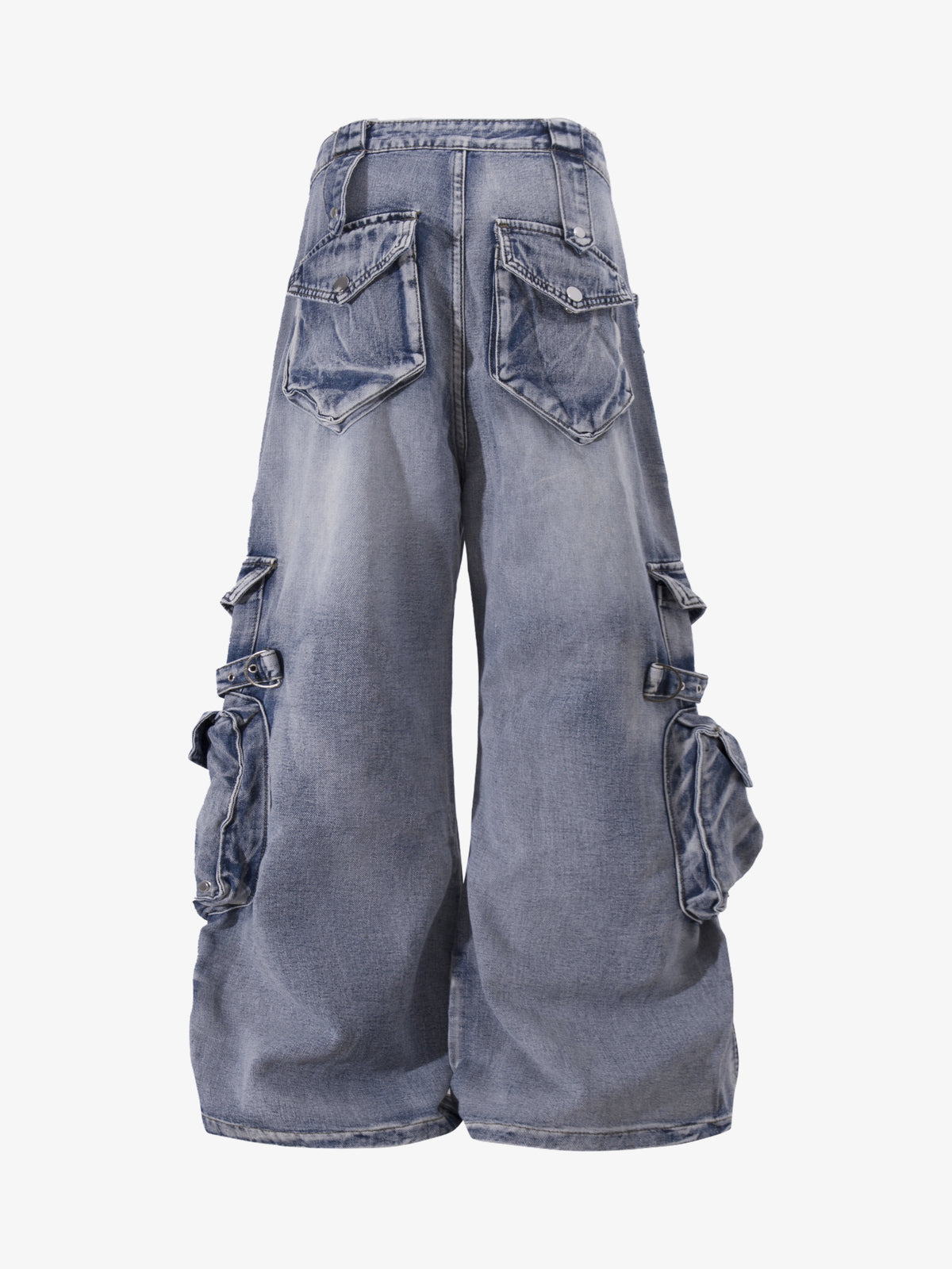 ZHANLAI DISTRESSED CARGO FLARED JEANS; Blue; back view