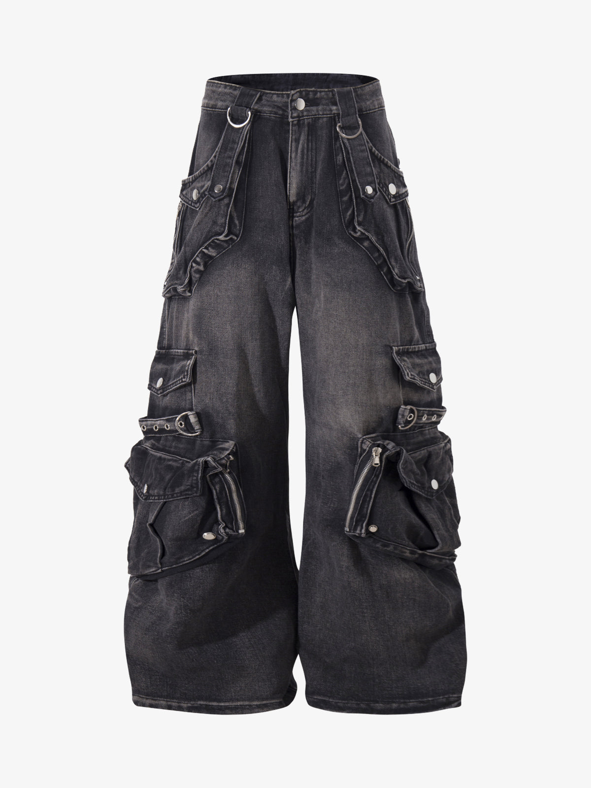 ZHANLAI DISTRESSED CARGO FLARED JEANS; Black; front view