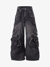 ZHANLAI DISTRESSED CARGO FLARED JEANS; Black; front view