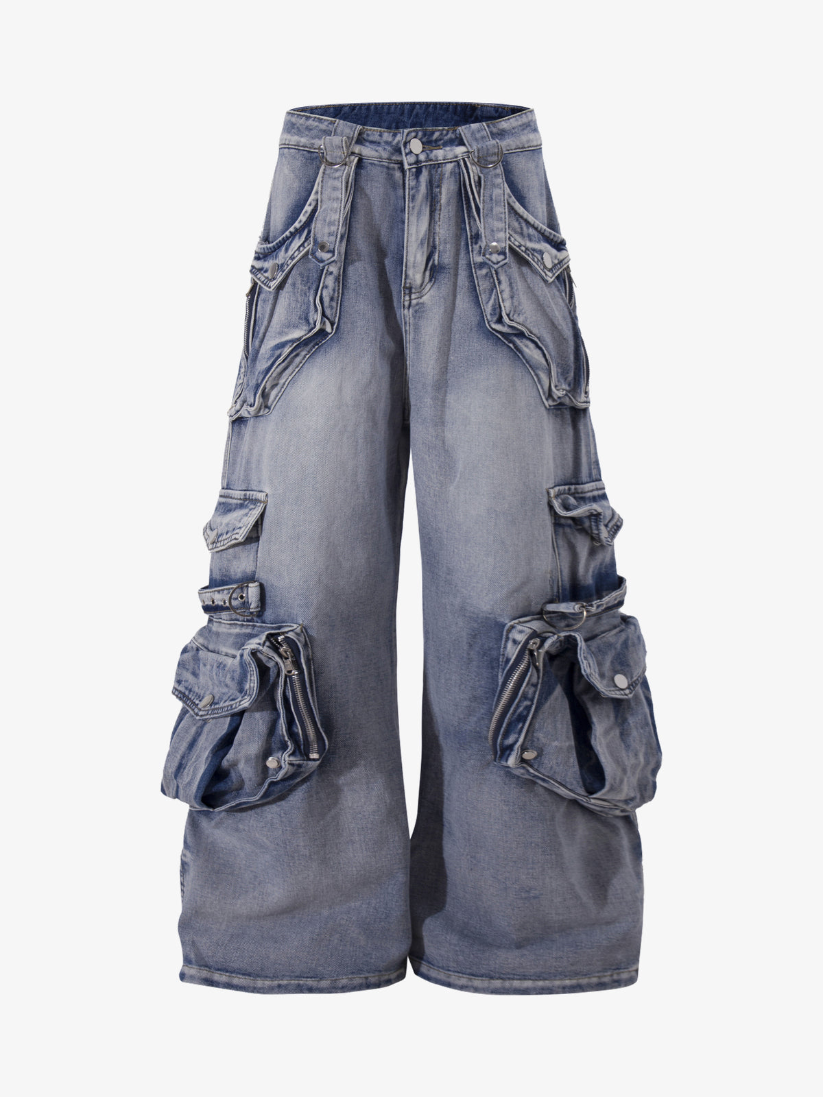 ZHANLAI DISTRESSED CARGO FLARED JEANS; Blue; front view