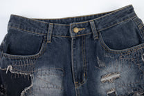 ZHANLAI DISTRESSED PANEL BAGGY JEANS; Blue; garment construction detail