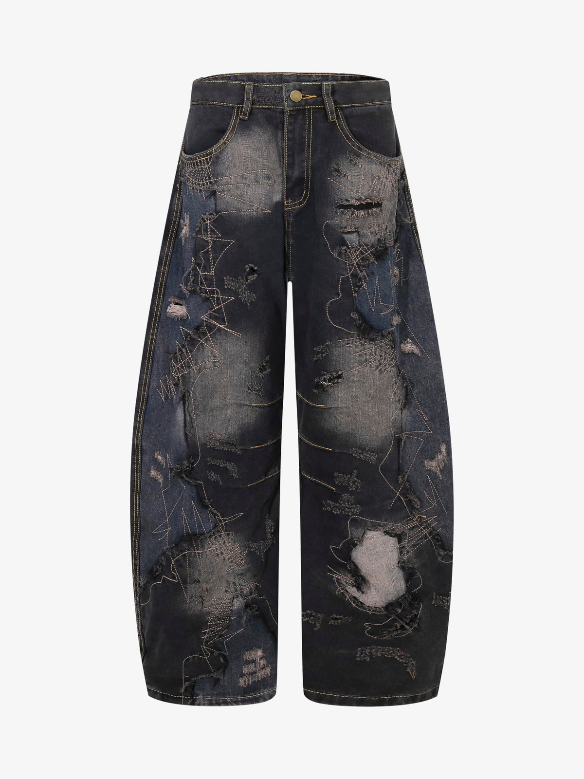 ZHANLAI DISTRESSED PANEL BAGGY JEANS; Black; front view