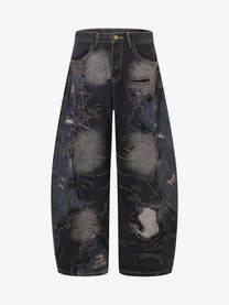 ZHANLAI DISTRESSED PANEL BAGGY JEANS; Black; front view