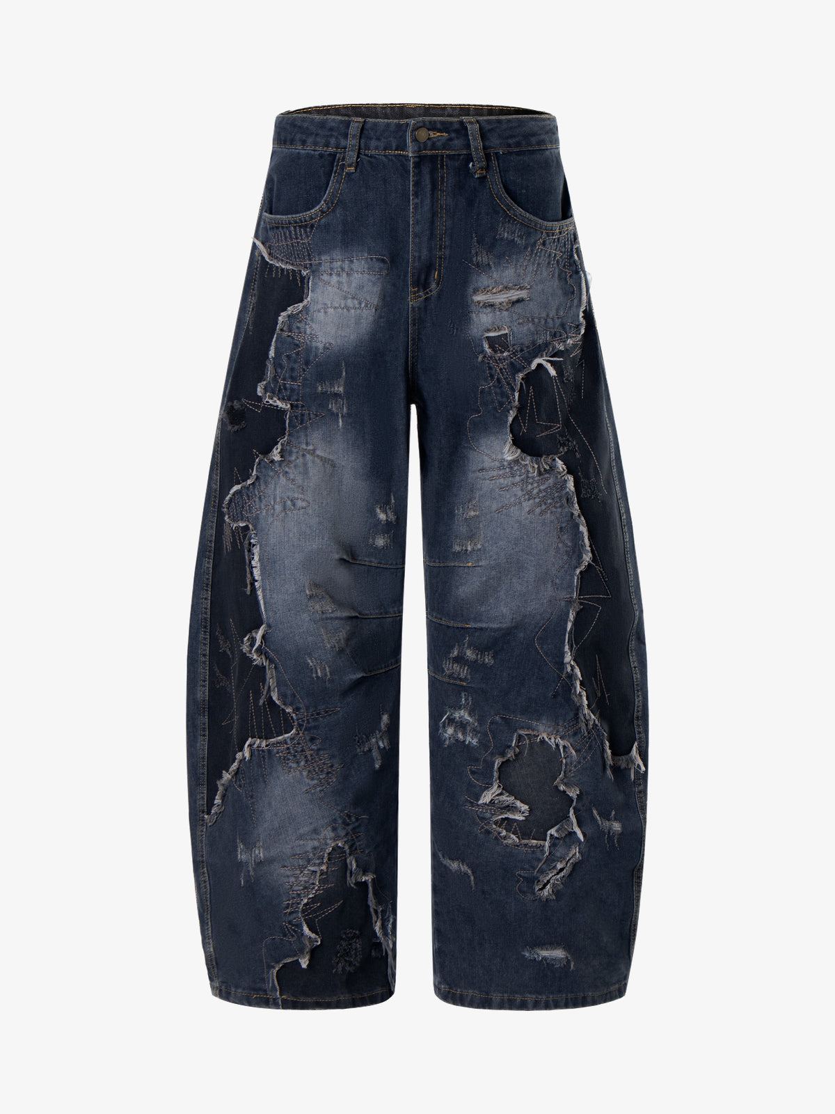 ZHANLAI DISTRESSED PANEL BAGGY JEANS; Blue; front view