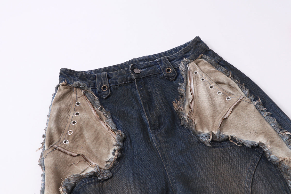 ZHANLAI DISTRESSED REPAIR WIDE LEG JEANS; Blue; design detail