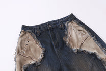 ZHANLAI DISTRESSED REPAIR WIDE LEG JEANS; Blue; design detail