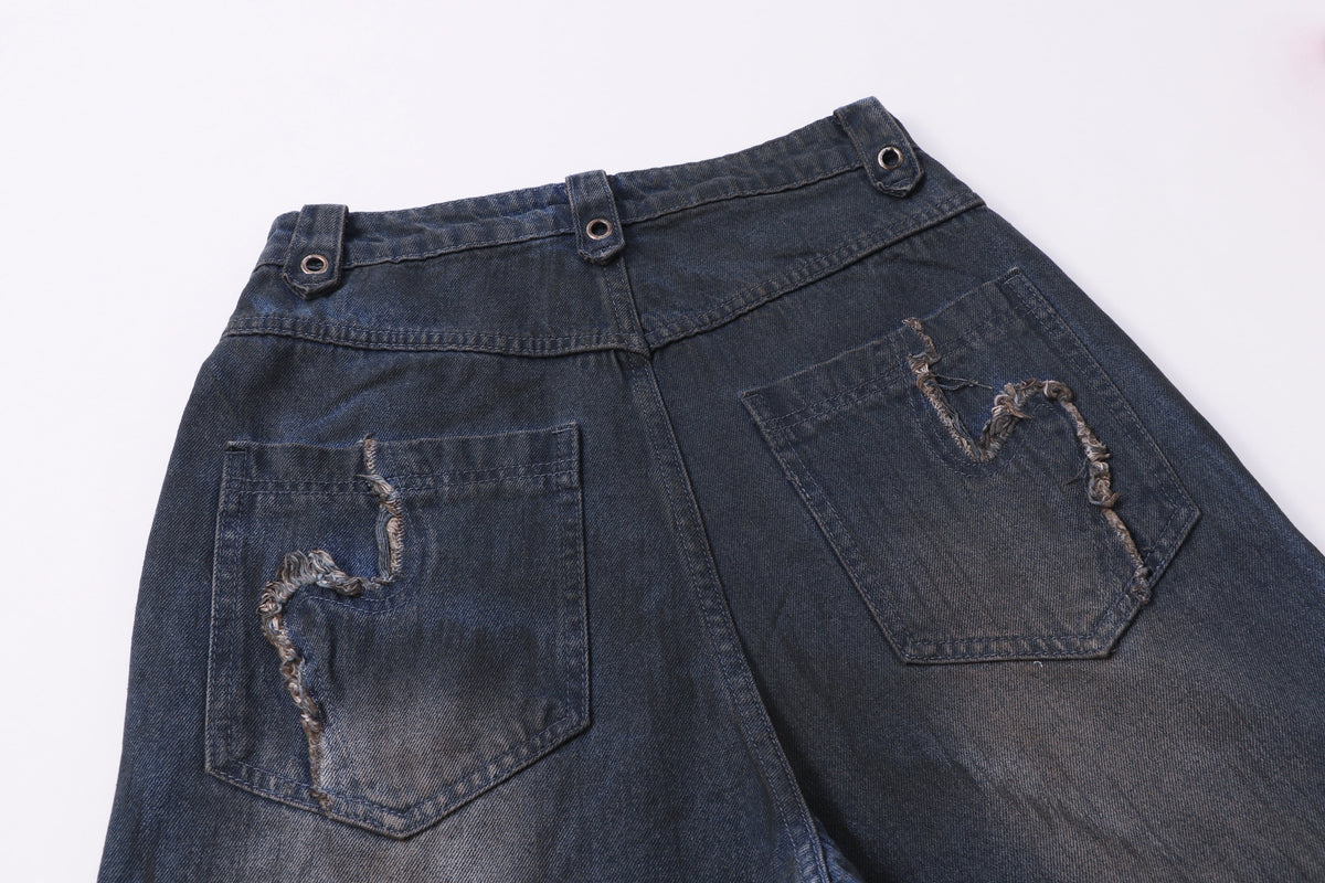 ZHANLAI DISTRESSED REPAIR WIDE LEG JEANS; Blue; garment construction detail
