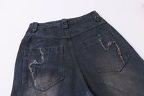ZHANLAI DISTRESSED REPAIR WIDE LEG JEANS; Blue; garment construction detail