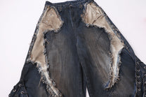 ZHANLAI DISTRESSED REPAIR WIDE LEG JEANS; Blue; design detail
