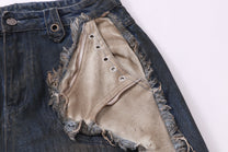ZHANLAI DISTRESSED REPAIR WIDE LEG JEANS; Blue; design detail