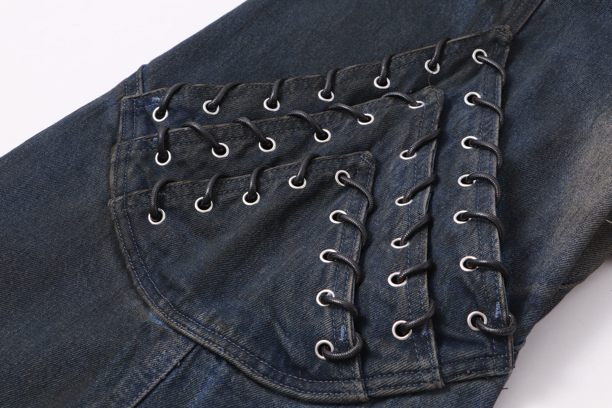 ZHANLAI DISTRESSED REPAIR WIDE LEG JEANS; Blue; garment construction detail