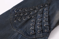 ZHANLAI DISTRESSED REPAIR WIDE LEG JEANS; Blue; garment construction detail