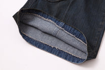 ZHANLAI DISTRESSED REPAIR WIDE LEG JEANS; Blue; garment construction detail