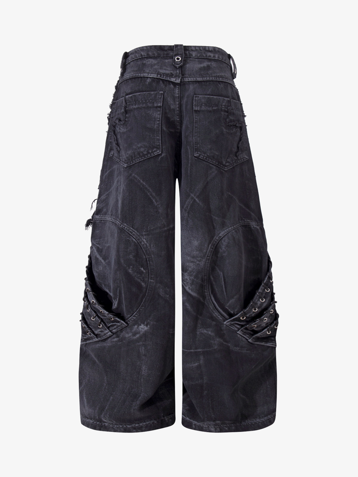 ZHANLAI DISTRESSED REPAIR WIDE LEG JEANS; Black; back view