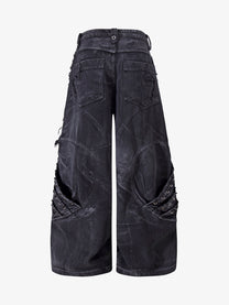 ZHANLAI DISTRESSED REPAIR WIDE LEG JEANS; Black; back view