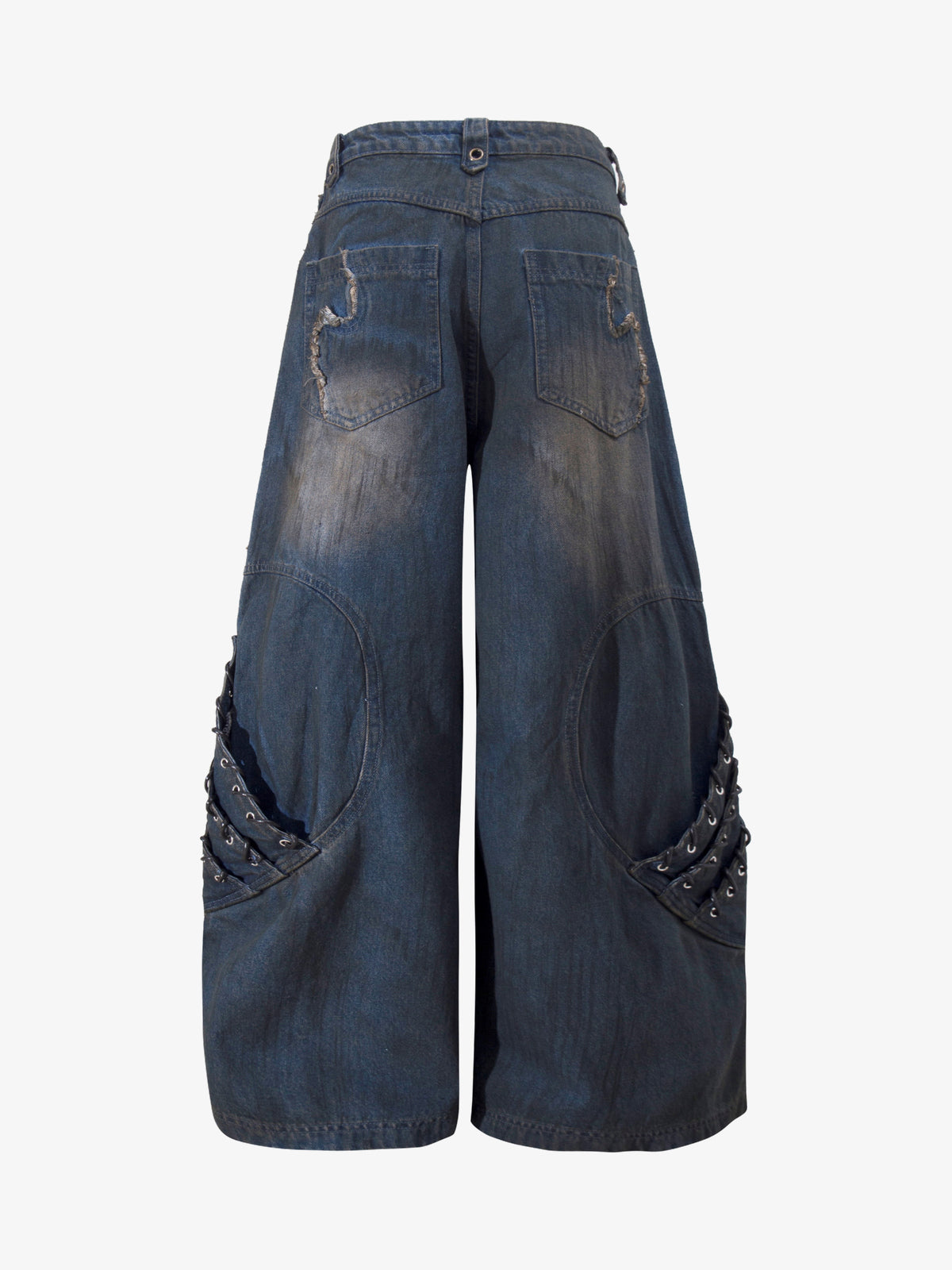 ZHANLAI DISTRESSED REPAIR WIDE LEG JEANS; Blue; back view