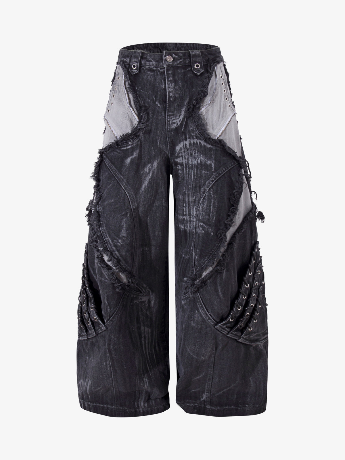 ZHANLAI DISTRESSED REPAIR WIDE LEG JEANS; Black; front view