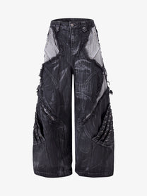ZHANLAI DISTRESSED REPAIR WIDE LEG JEANS; Black; front view