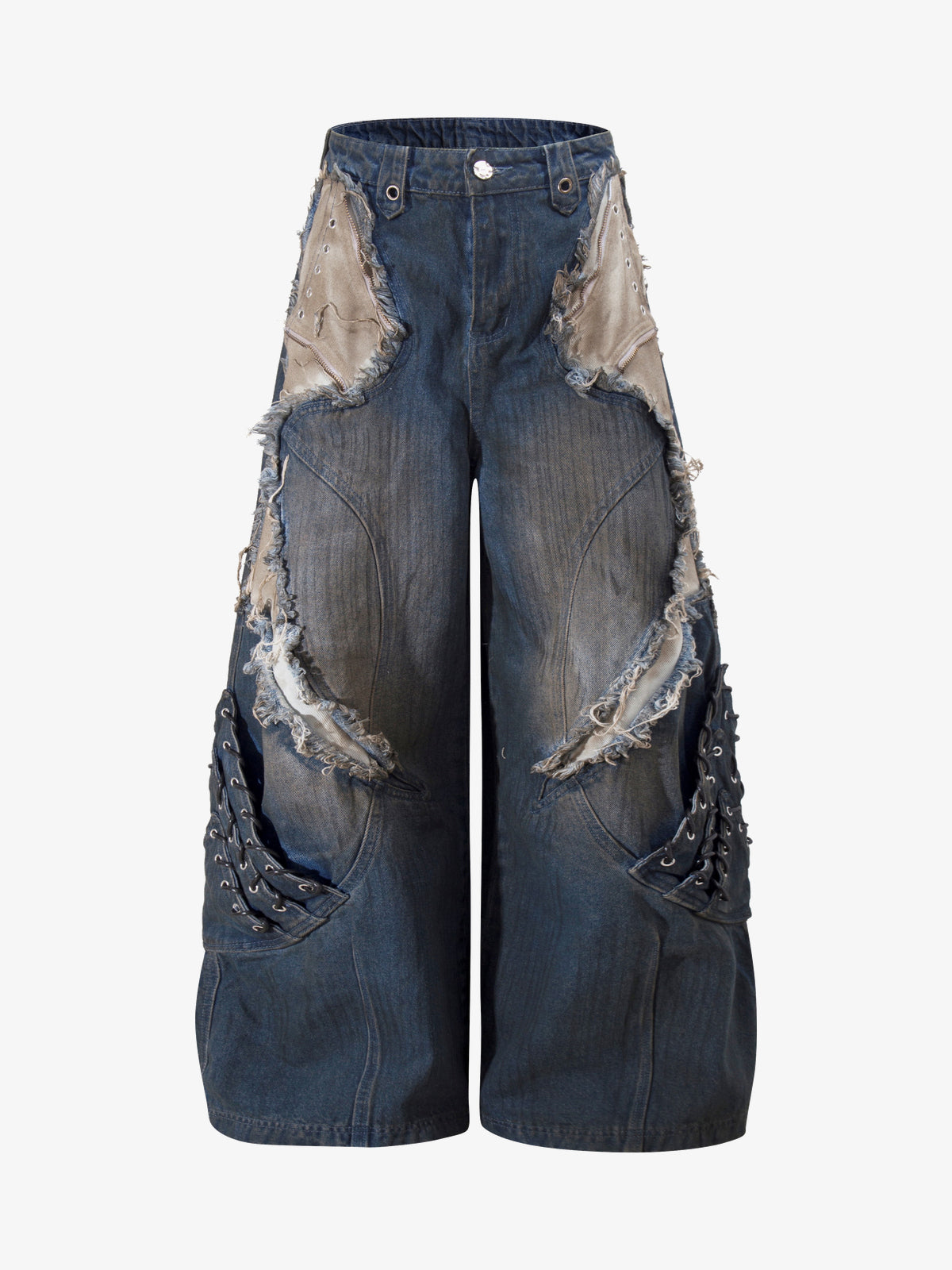 ZHANLAI DISTRESSED REPAIR WIDE LEG JEANS; Blue; front view