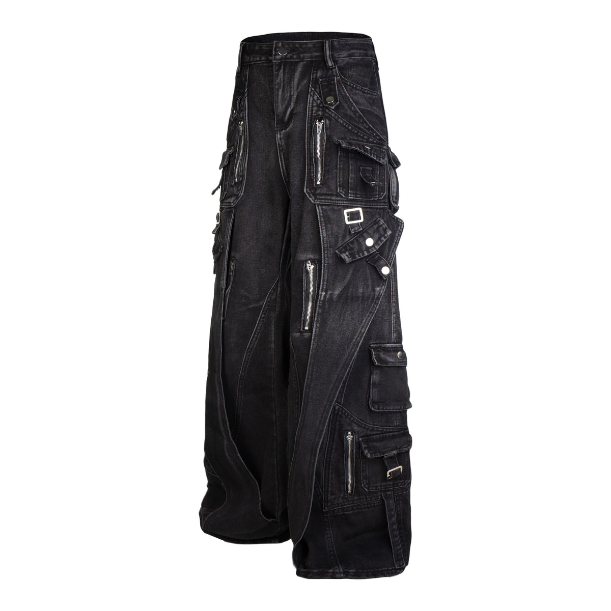 ZHANLAI LAYERED CARGO PANEL JEANS; Black; front view in a styled setting