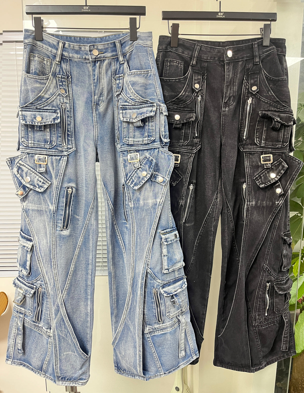 ZHANLAI LAYERED CARGO PANEL JEANS; Black, Blue; multiple colorways shown together