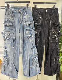 ZHANLAI LAYERED CARGO PANEL JEANS; Black, Blue; multiple colorways shown together