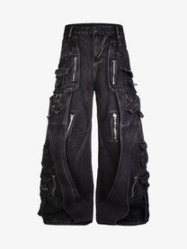 ZHANLAI LAYERED CARGO PANEL JEANS; Black; front view