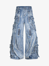 ZHANLAI LAYERED CARGO PANEL JEANS; Blue; front view