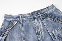 ZHANLAI MULTI POCKET CARGO JEANS; Blue; garment construction detail