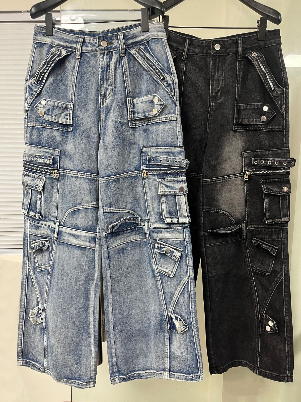 ZHANLAI MULTI POCKET CARGO JEANS; Black, Blue; multiple colorways shown together