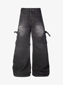ZHANLAI MULTI POCKET CARGO JEANS; Black; back view