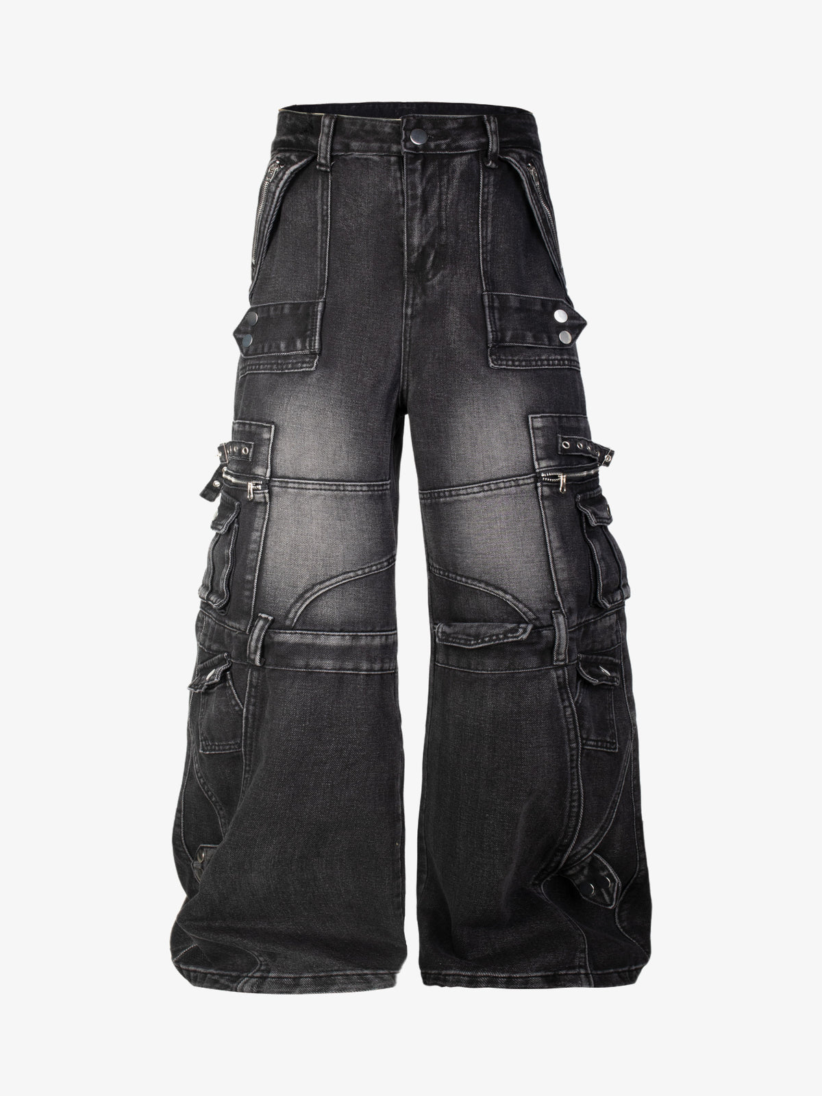 ZHANLAI MULTI POCKET CARGO JEANS; Black; front view