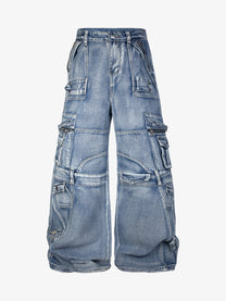 ZHANLAI MULTI POCKET CARGO JEANS; Blue; front view