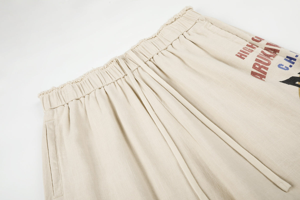 11KN THIGH POSTER PRINT PANTS; Linen; garment construction detail