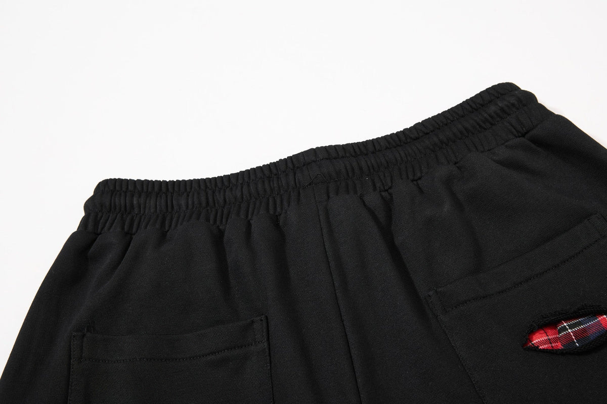 BF BORFEND RED PATCH WIDE LEG PANTS; Black; garment construction detail