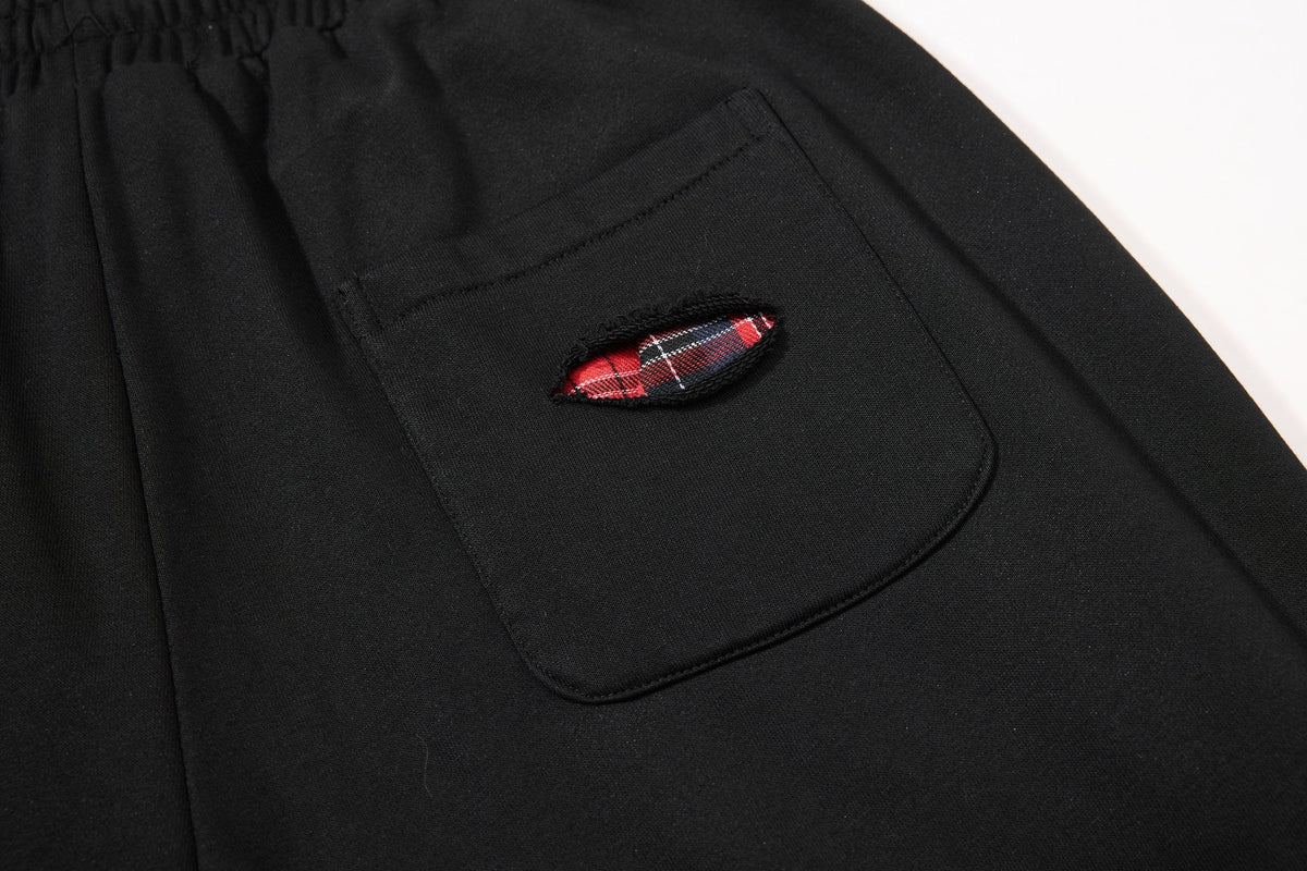 BF BORFEND RED PATCH WIDE LEG PANTS; Black; garment construction detail