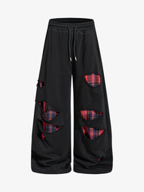 BF BORFEND RED PATCH WIDE LEG PANTS; Black; front view