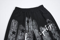 FANYE GRAFFITI PRINTED WIDE LEG PANTS; Black; design detail