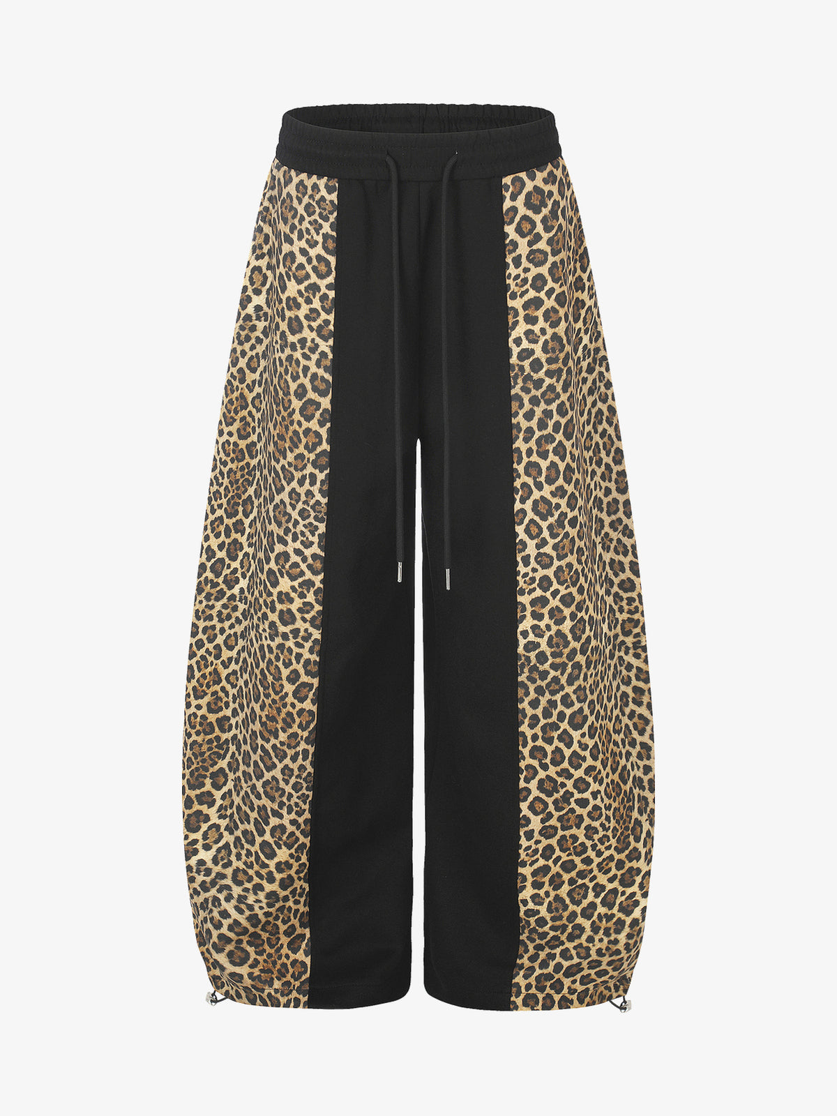 GEESAS LEOPARD PANEL BAGGY BARREL SWEATPANTS; Black; front view