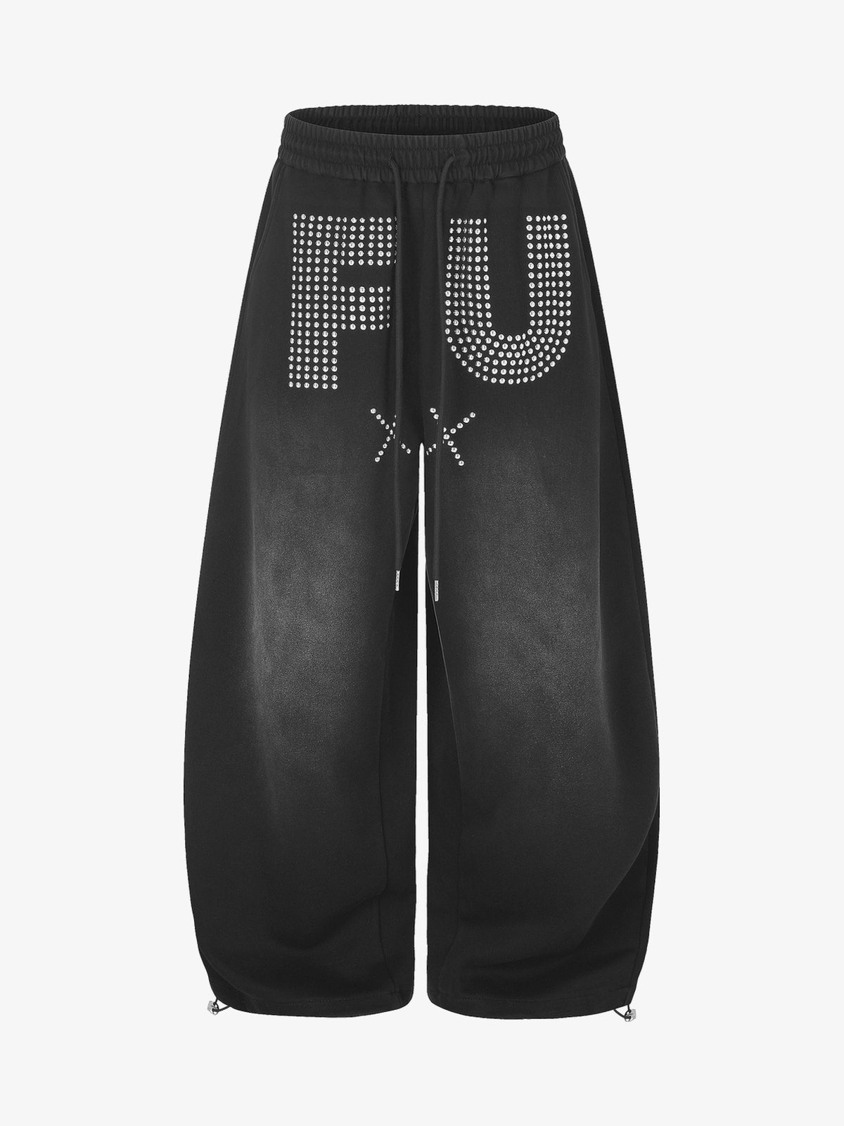 GEESAS STUDDED WASHED BAGGY BARREL SWEATPANTS; Black; front view