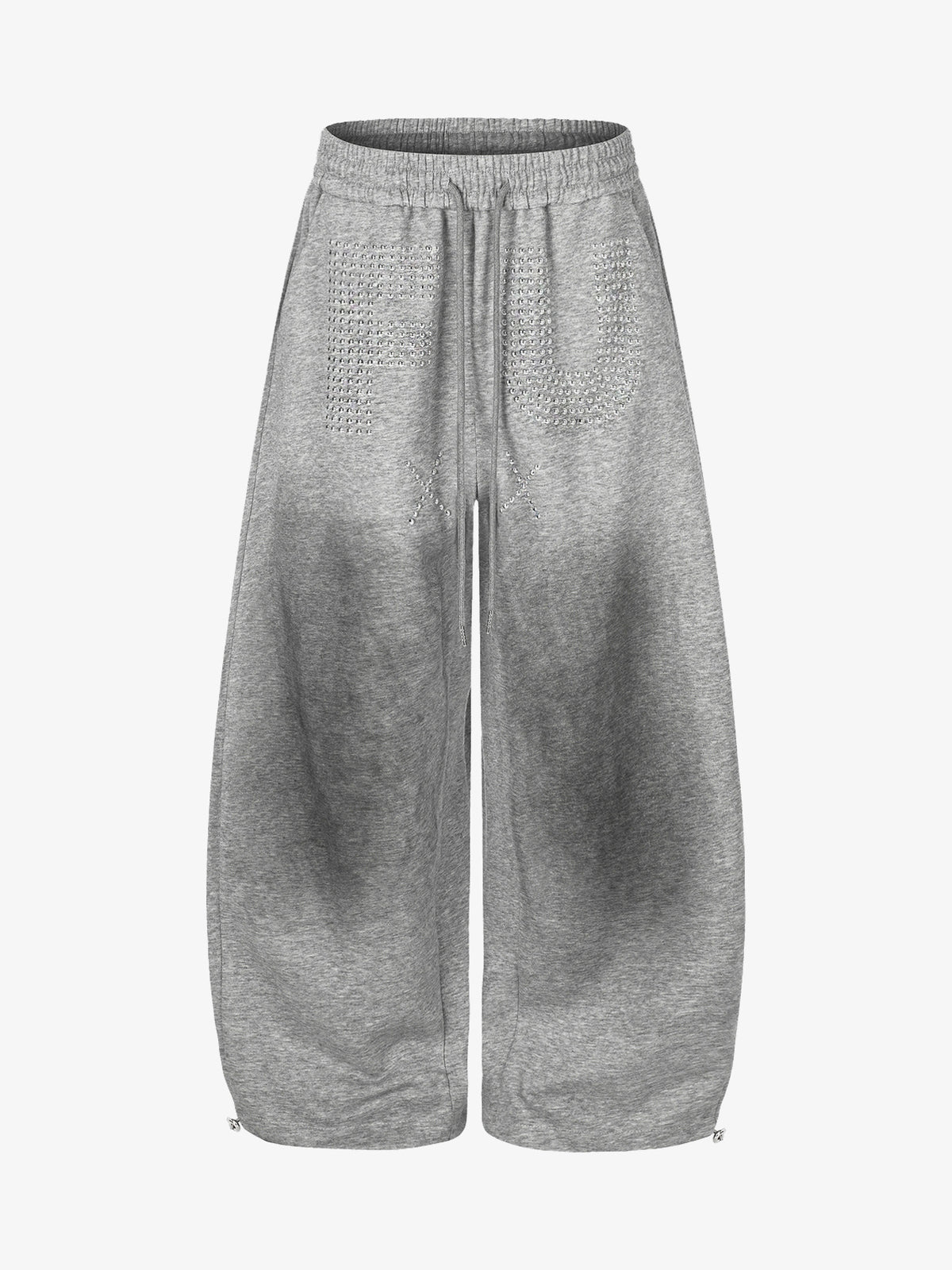 GEESAS STUDDED WASHED BAGGY BARREL SWEATPANTS; Gray; front view