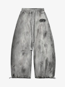 GUO WEAR WASHED CURVED LEG SWEATPANTS; Gray; front view