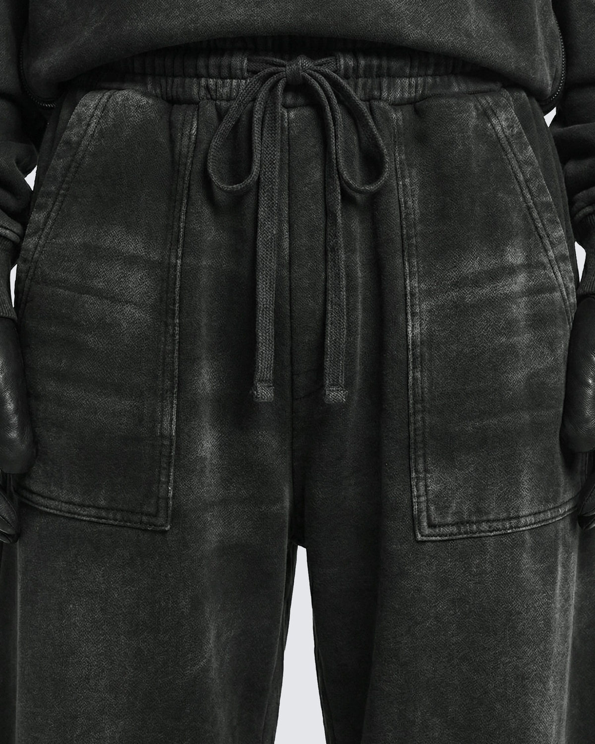 GUO WEAR WASHED ZIP HEM PANTS; Gray; garment construction detail