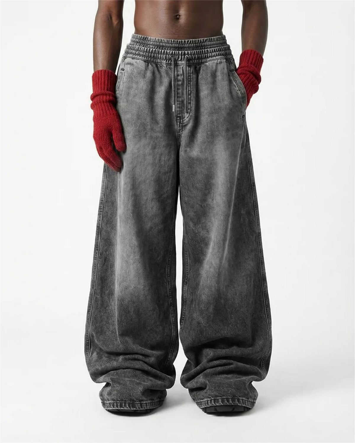 GUO WEAR WASHED DRAWSTRING WIDE LEG PANTS; Gray; model view