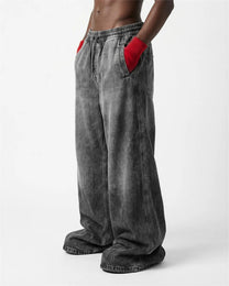 GUO WEAR WASHED DRAWSTRING WIDE LEG PANTS; Gray; model view