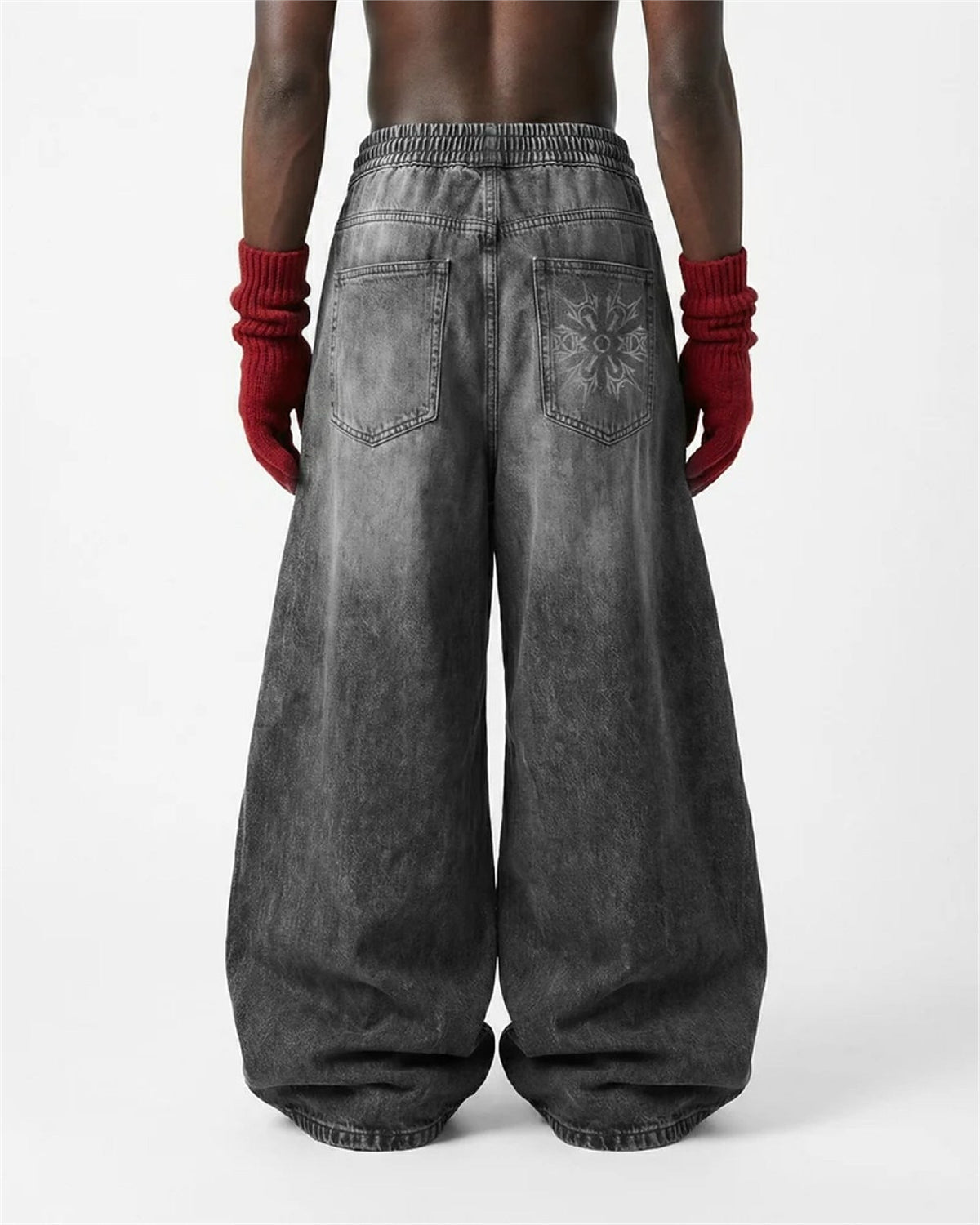 GUO WEAR WASHED DRAWSTRING WIDE LEG PANTS; Gray; model view