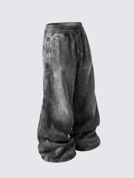 GUO WEAR WASHED DRAWSTRING WIDE LEG PANTS; Gray; front view in a styled setting